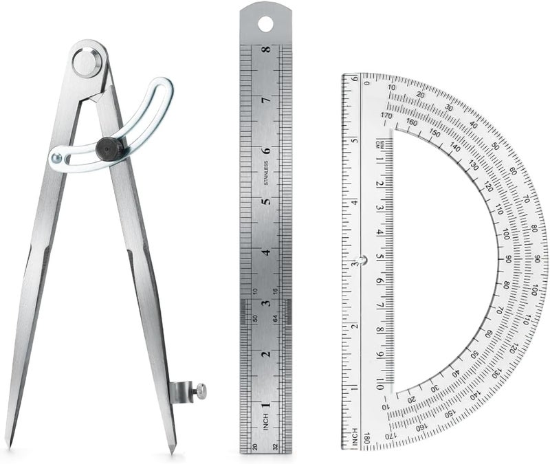 MVPower Compass Geometry Tool, Drawing Compass, Professional 8 Inch Large Compass with Wing for Woodworking, 6 Inch Protractor, 8 Inch Ruler for Carpenter, Drafting - Image 1